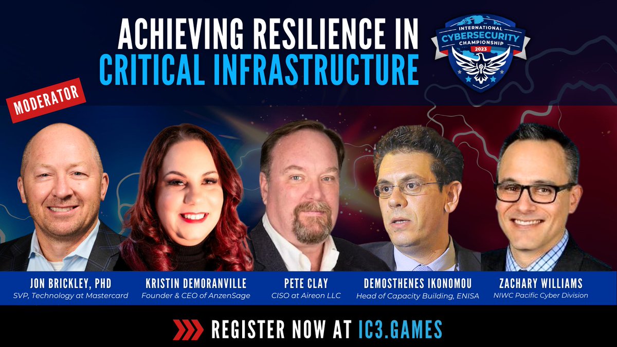 IC3Games2023 (@ic3games2023) on Twitter photo Mark your calendars for the #IC3games2023 session, "Achieving Resilience In #CriticalInfrastructure." Led by <a href="/Mastercard/">Mastercard</a> Sr. VP & fellow panelists including #cyberexperts from @AnzenSage, <a href="/ENISA/">enisa</a>, <a href="/Aireon/">Aireon</a> & <a href="/US_CYBERCOM/">U.S. Cyber Command</a>. Register at hubs.li/Q01YPZDd0
<a href="/KatzcyPlayCyber/">Katzcy PlayCyber</a> Mark your calendars for the #IC3games2023 session, "Achieving Resilience In #CriticalInfrastructure." Led by <a href="/Mastercard/">Mastercard</a> Sr. VP & fellow panelists including #cyberexperts from @AnzenSage, <a href="/ENISA/">enisa</a>, <a href="/Aireon/">Aireon</a> & <a href="/US_CYBERCOM/">U.S. Cyber Command</a>. Register at hubs.li/Q01YPZDd0
<a href="/KatzcyPlayCyber/">Katzcy PlayCyber</a>
