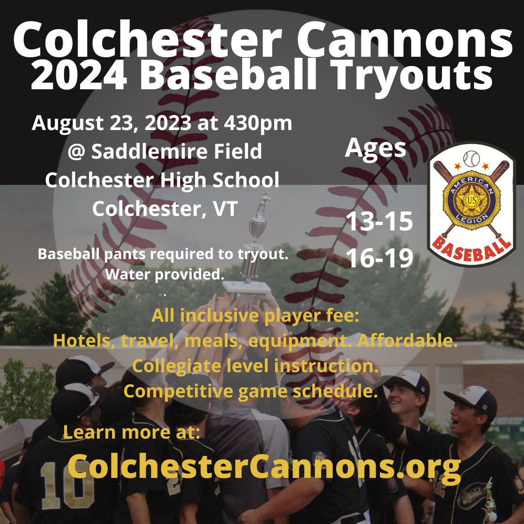 Save the date! 
Tryouts for #CannonsBaseball in 2024 are on August 23, 2023!  While some travel teams cost families in excess of 15k per year, we focus on high quality, affordability, collegiate level training & development⚾️    

colchestercannons.org
#Vermont #VermontBaseball