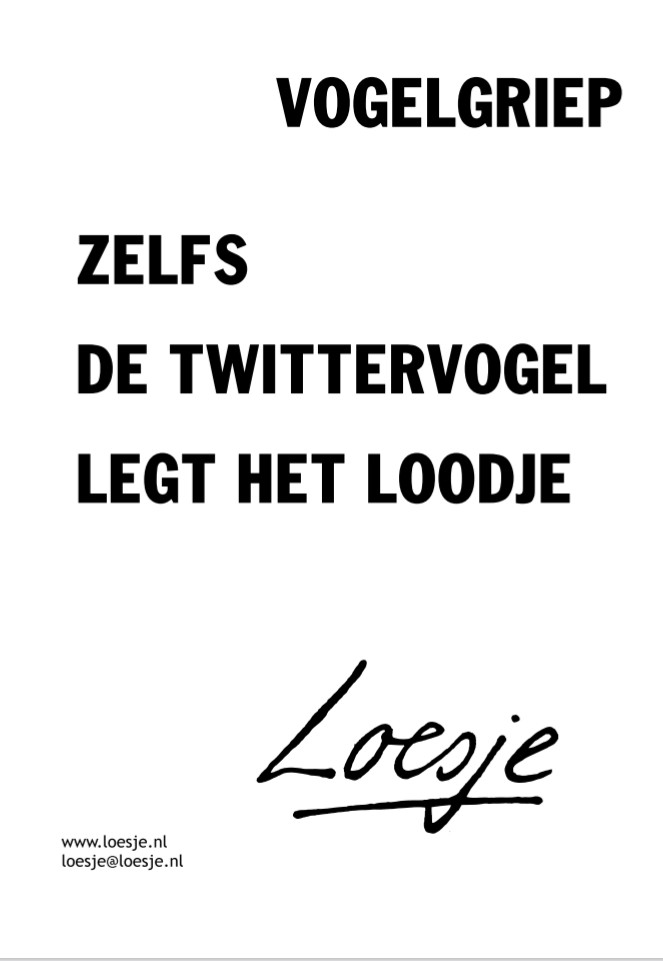 **                      vogelgriep 

      zelfs
      de Twittervogel
      legt het loodje   **

#XTwitter #Xitter #loesje