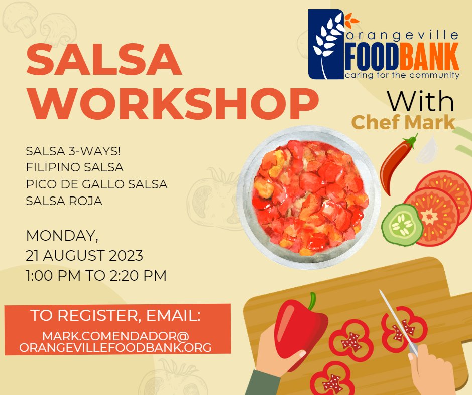 orangevillefood's tweet photo. Join Chef Mark in our kitchen for a free Salsa Workshop ๐
Monday August 21st from 1:00pm to 2:20pm
Email to register
kitchen@orangevillefoodbank.org
#Orangeville #DufferinCounty #KitchenWorkshops #HealthyEating #Community https://t.co/8D7s9bsZ0E