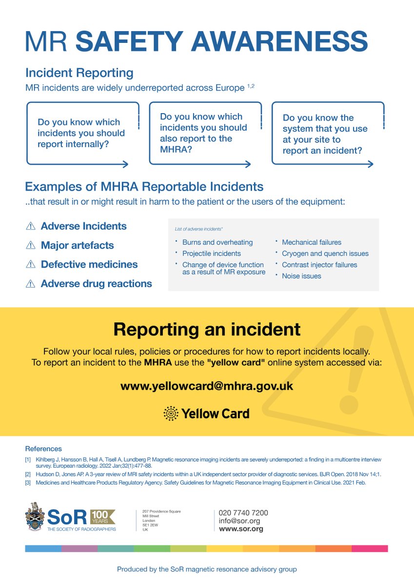 Which types of MR incidents should you report to the MHRA? Our downloadable poster provides a handy breakdown 👉 ow.ly/1AxE50PlX2G] #MRSafetyWeek
