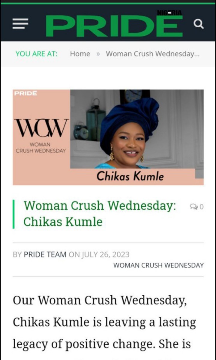 I am humbled to be featured on Pride Magazine as the Woman Crush for the month of July.
It's encouraging to know that the little steps we take every day inspires.
pridemagazineng.com/woman-crush-we…
#SheCanLead