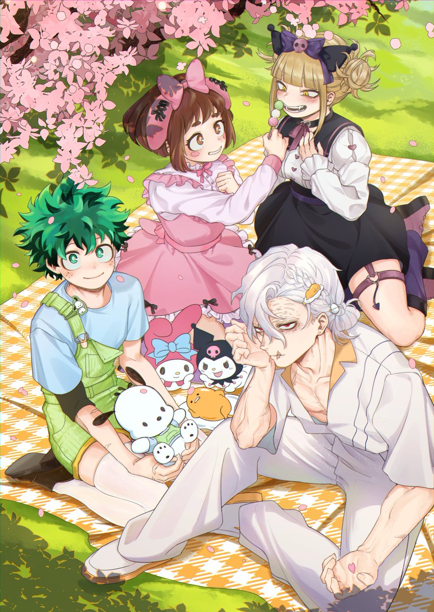 midoriya izuku ,toga himiko ,uraraka ochako multiple boys green hair freckles brown hair food picnic dress  illustration images