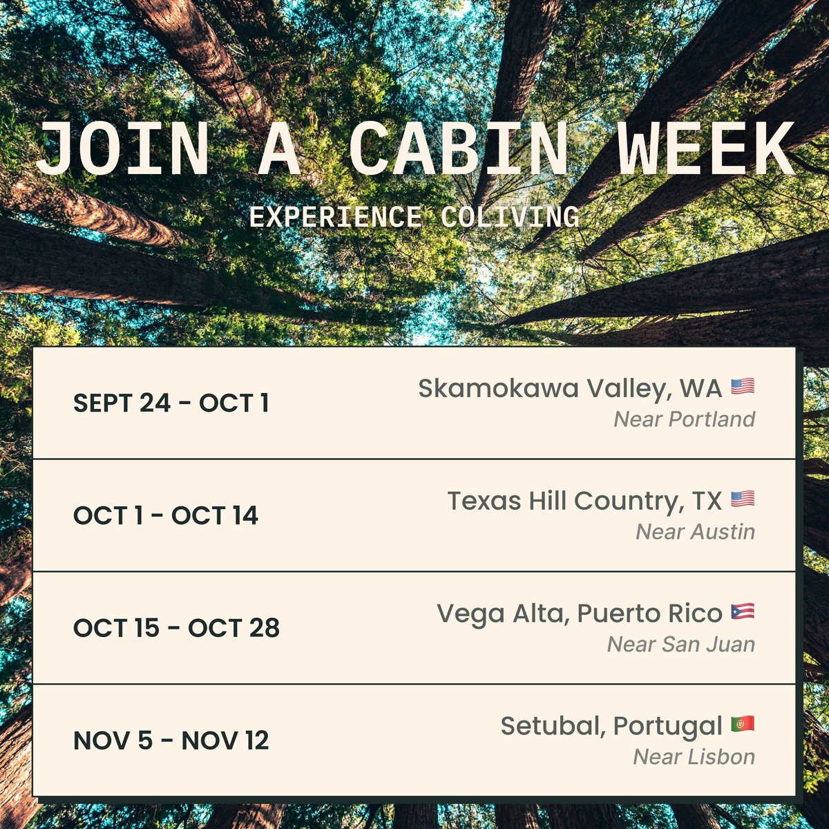 Introducing Cabin Weeks

Cabin Weeks are an introduction to coliving with Cabin and a streamlined path to Cabin Citizenship. They’re compatible with remote workers’ schedules so that you don’t have to take time off.

There are four scheduled for this Fall

Details in thread 🧵👇