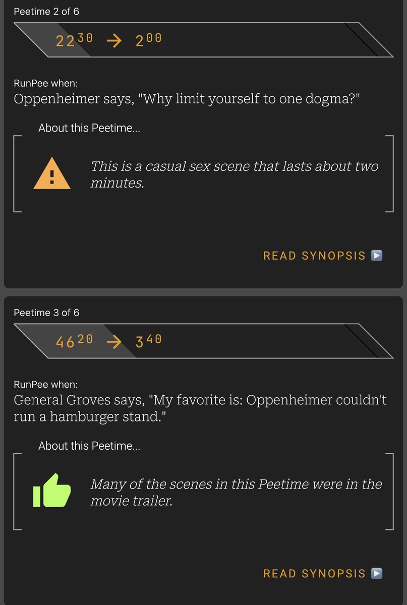 🎬🧻 INSOLITE | L’application « RunPee » permet de connaître les meilleurs moments pour faire une pause toilettes pendant un film.

👉 Elle répertorie le moins important et la durée sur près de 2000 films. Pour #Oppenheimer il y a 6 pauses, et 3 pour #Barbie.