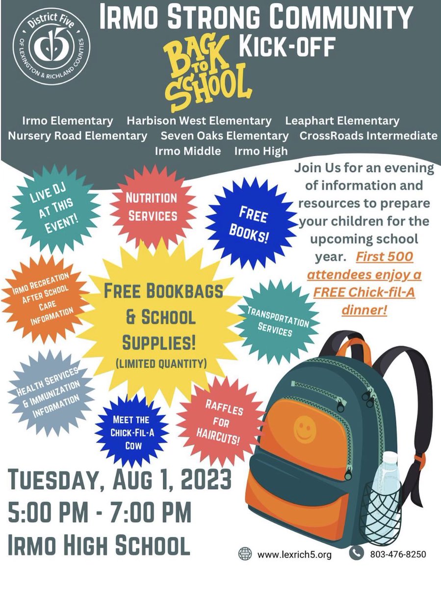 Join us on August 1st for the Irmo Strong Community Back to School Kick-Off!