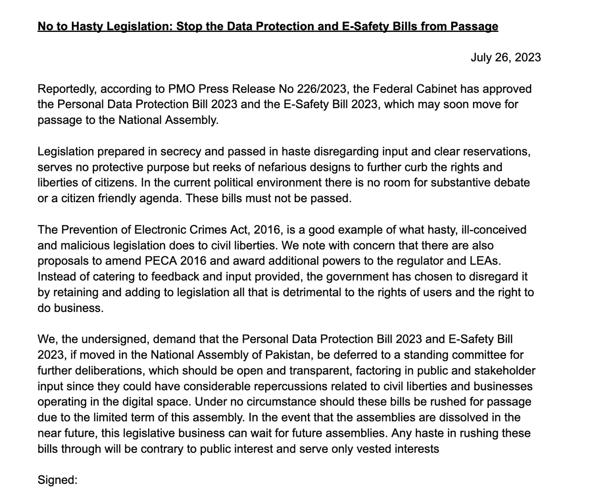FariehaAziz's tweet photo. Statement - No to Hasty Legislation: Stop the Data Protection and E-Safety Bills from Passage 

What has waited all these years can wait a while longer until there's proper debate &amp; issues are resolved. To sign leave a comment on the doc 
https://t.co/pr4LhXMC72  
#NotAnotherPECA https://t.co/5Tx9oHp4rq