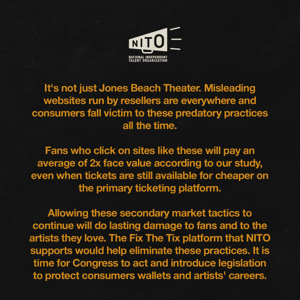 NITO_Live's tweet photo. It shouldn't be this hard! Predatory reselling like this doesn't just trick fans into overpaying for tickets, it's a blow to our favorite artists too.

NITO supports the #FixTheTix platform, which strives to eliminate these practices (and others like them). Join our effort 👇