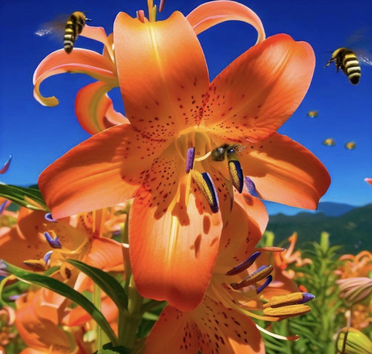 the blooming tiger lilies make a great feeding place for bumblebees hummingbirds honeybees and butterflies with a cobalt blue Colorado sky #BloomingTigerLilies #NaturePollinators #ColoradoSky #SummerColors #WildlifeWonder