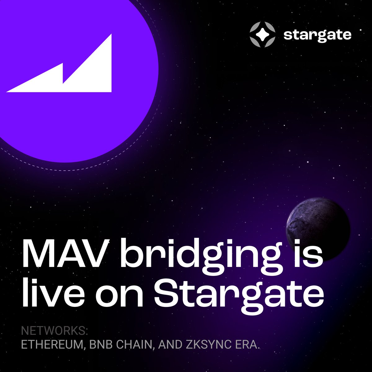 StargateFinance's tweet image. Bridging of @mavprotocol&apos;s $MAV token is now available on Stargate, following it&apos;s launch as an OFT!

Move your $MAV between Ethereum, BNB chain and zkSync Era at stargate.finance/transfer ⚡