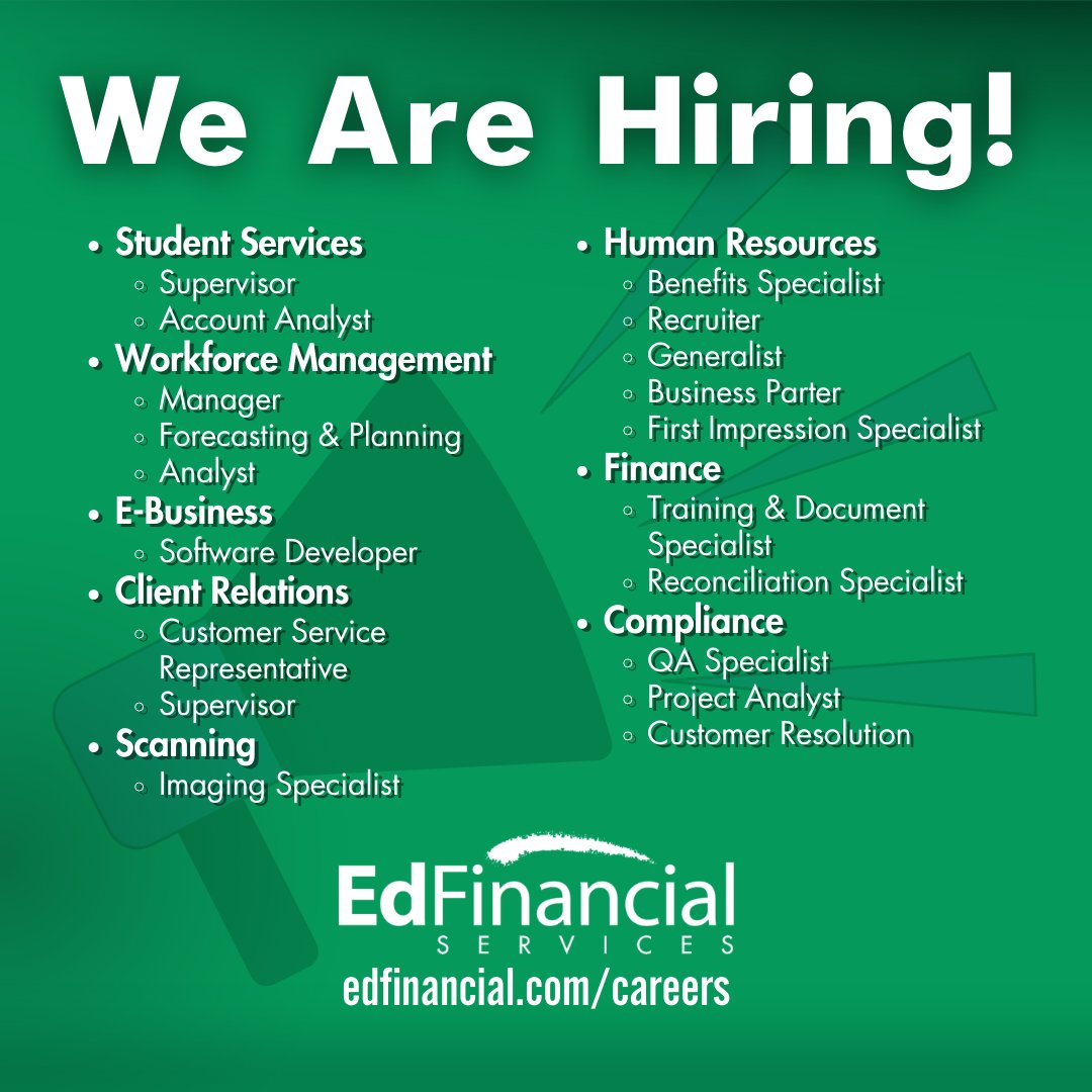 We’re expanding company-wide! We are not just a call center. It takes a huge team of people to help our 5.5 million student loan borrowers and other customers.

See if you’re a great fit for the EdFamily and check out our job details at edfinancial.com/careers.