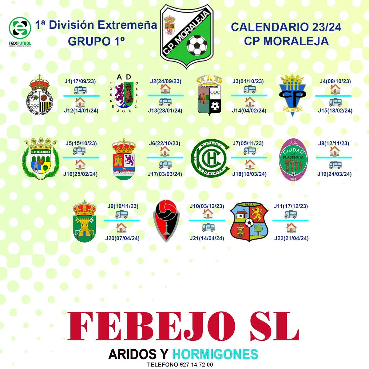 CALENDARIO OFICIAL
<a href="/moralejacp/">CP MORALEJA CAHERSA</a>  
Temporada 2023/2024 1ª Div. Extremeña Debut el 17 de septiembre en Sierra de Fuentes, ante el filial del <a href="/CPCacerenoSAD/">CP Cacereño 🟢🐉</a>  el <a href="/AmanecerCp/">Cp Amanecer</a> , y finaliza ante otro filial, en este caso el del Moralo, <a href="/MoraloCPCantera/">MoraloCPCantera</a> en casa el 21 de abril de 2024.
