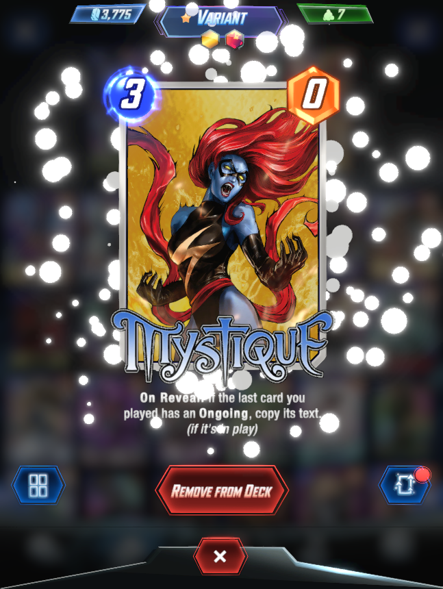 ProjectKriss's tweet photo. Still in love with this card. Best Mystique, GOLD finish with White Krackle Flare! #MarvelSnap #XMEN #Marvel #cardgame #F2P https://t.co/FGHhgzQrcQ