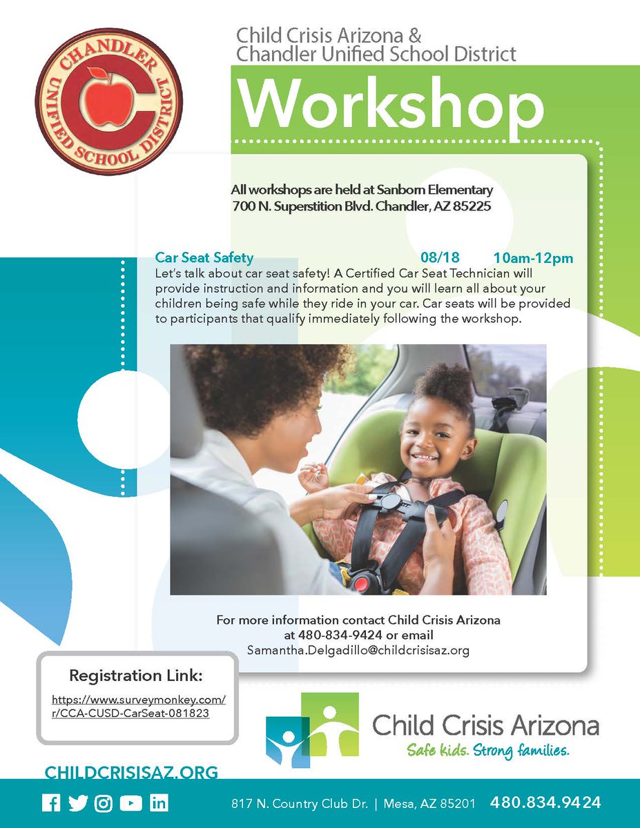 Join CUSD and Child Crisis Arizona to learn about car seat safety with a Certified Car Seat Technician! Sanborn Elementary School 700 N. Superstition Blvd. Chandler, AZ 85225 REGISTER: surveymonkey.com/r/CCA-CUSD-Car… #WeAreChandlerUnified