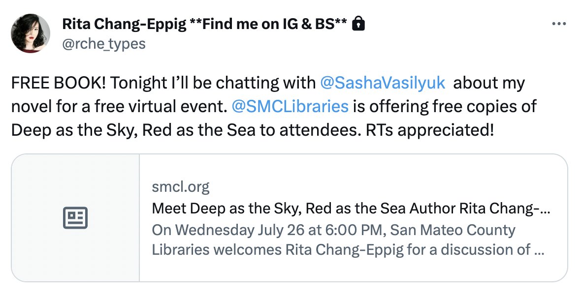 'Deep as the Sky, Red as the Sea' by @rche_types is one of my favorite books of the year. Free event for it tonight: smcl.org/blogs/post/mee…