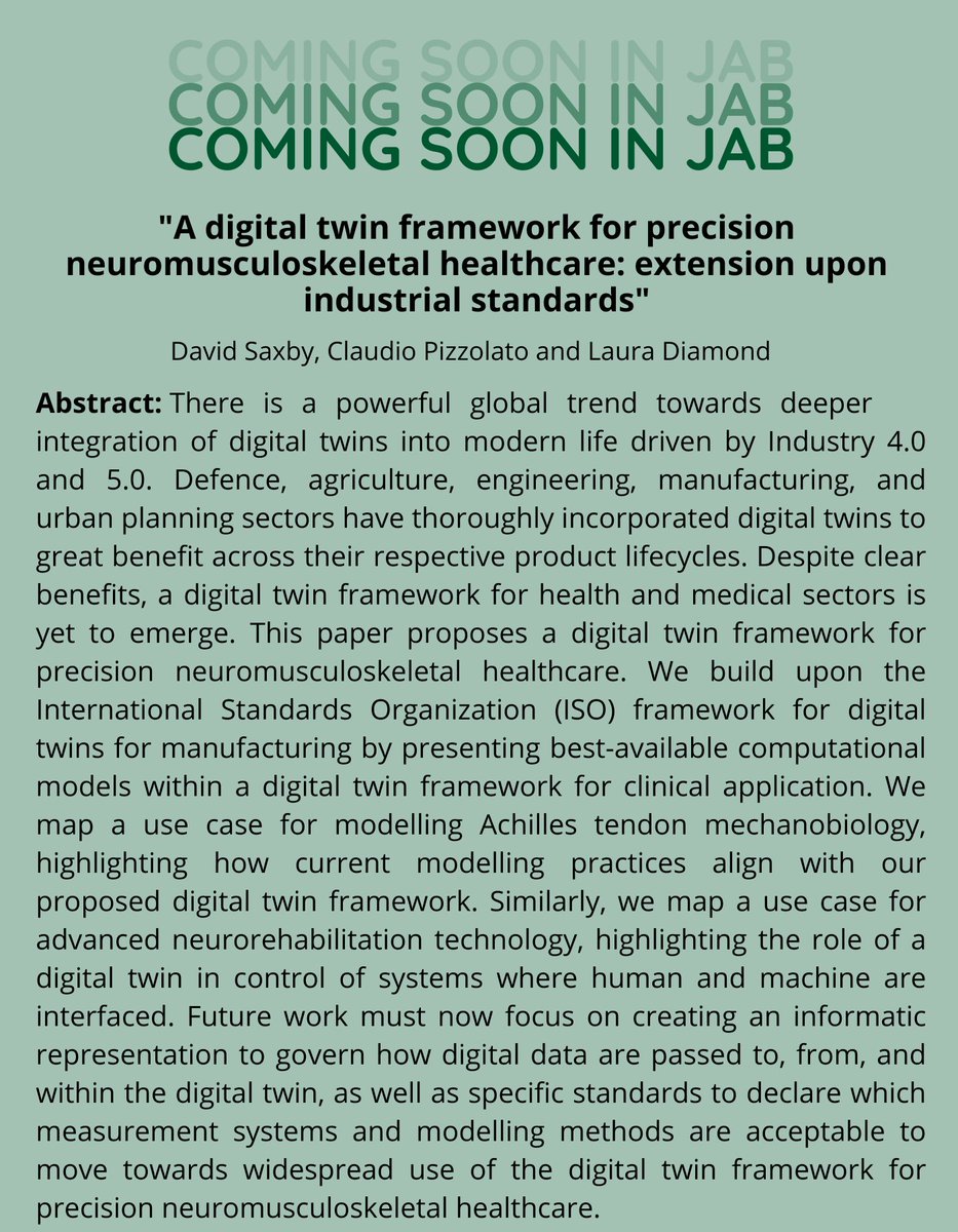 Journal of Applied Biomechanics (@japplbiomech) on Twitter photo π’ Recently accepted!!
New research presents a framework for digital twins in precision neuromusculoskeletal healthcare, with applications related to tendon mechanobiology and neurorehabilitation!
<a href="/DavidJohnSaxby1/">David John Saxby</a> <a href="/pzcld/">Claudio Pizzolato</a> <a href="/LauraDiamond05/">Laura Diamond</a> π’ Recently accepted!!
New research presents a framework for digital twins in precision neuromusculoskeletal healthcare, with applications related to tendon mechanobiology and neurorehabilitation!
<a href="/DavidJohnSaxby1/">David John Saxby</a> <a href="/pzcld/">Claudio Pizzolato</a> <a href="/LauraDiamond05/">Laura Diamond</a>