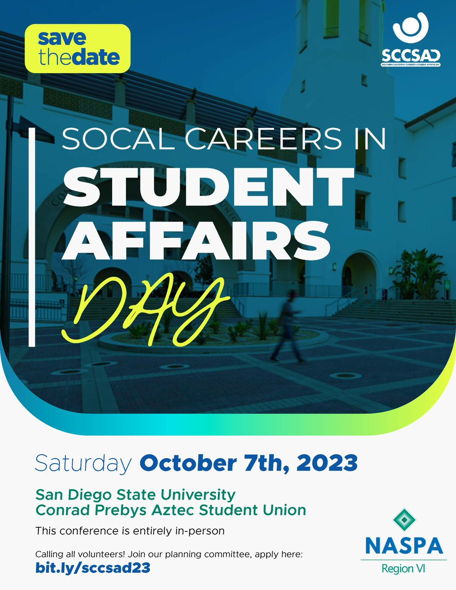 ✨Save the date for the Southern California Careers in Student Affairs Day✨

In-person Saturday, October 7th, 2023

Interested in joining the planning committee? Link in our bio!

#naspa #naspa6 #careersinstudentaffairs