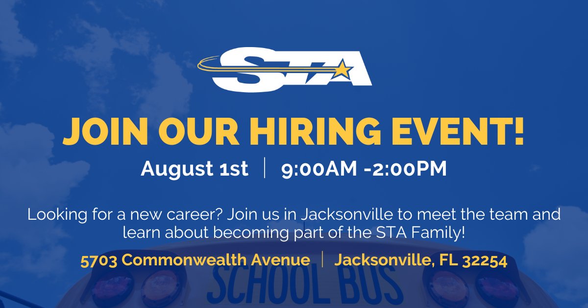 Join us in #JacksonvilleFL to learn about joining the STA Team! Click the link to book your interview!

⭐  $3000 Bonus
⭐  Paid Training
⭐  Weekends Off

intsignup.indeed.com/interview/8b02…

#busdriverjobs #CDLjobs #jacksonvillejobs #schoolbusdriver #schoolbusservice #schoolbuscontractor