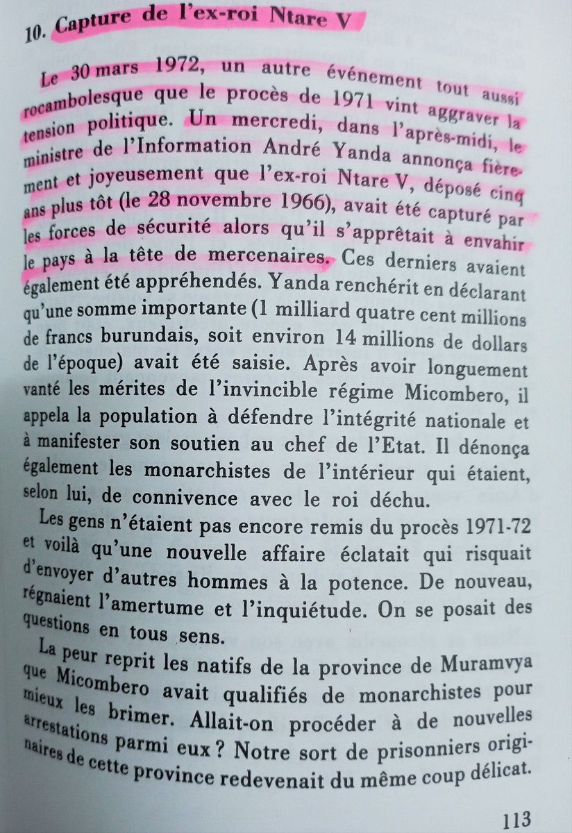 BATUNGWALOYS's tweet photo. #NatreV, 2 mois après le procès de 1971, #Manirakiza évoqué 1 autre evnt rocambolesque de #NtareV. #Yanda ministre de l'information parla de capture de Ntare V qui voulait attaquer  le Bdi avec des mercenaires et monarchistes, #Simbananiye A, parle lui du retour négocié https://t.co/RY3J6Q7NGl