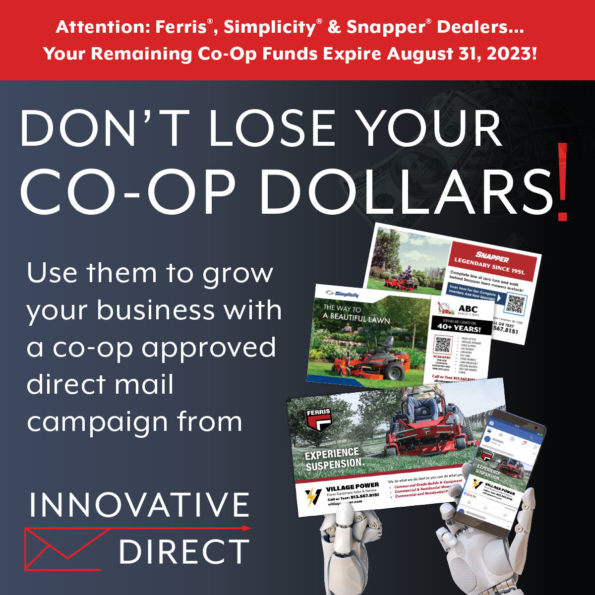 innovadirect's tweet photo. Ferris, Simplicity, Snapper and Snapper Pro dealers: Innovative Direct can help you get the most out of your co-op dollars! 

Call or Text 813-567-8151
https://t.co/TIb9Gc0wnD

#Ferris #Simplicity #Snapper #SnapperPro #BriggsAndStratton https://t.co/PafnHnOKcR