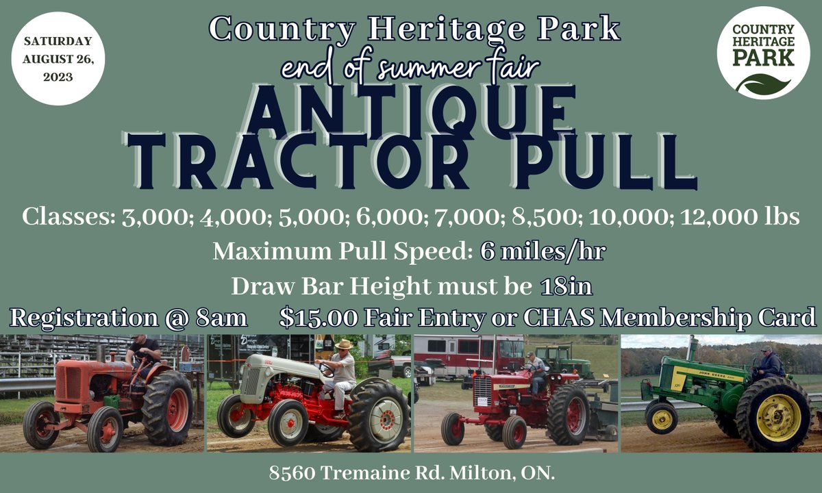 Our End of Summer Fair is coming up and we are having an #antique  tractor pull on the Saturday, August 26th  and want to call out anyone who is interested in joining us!  

For any questions please email events@countryheritagepark.com  

#tractor #familyfun #ford #caseIH