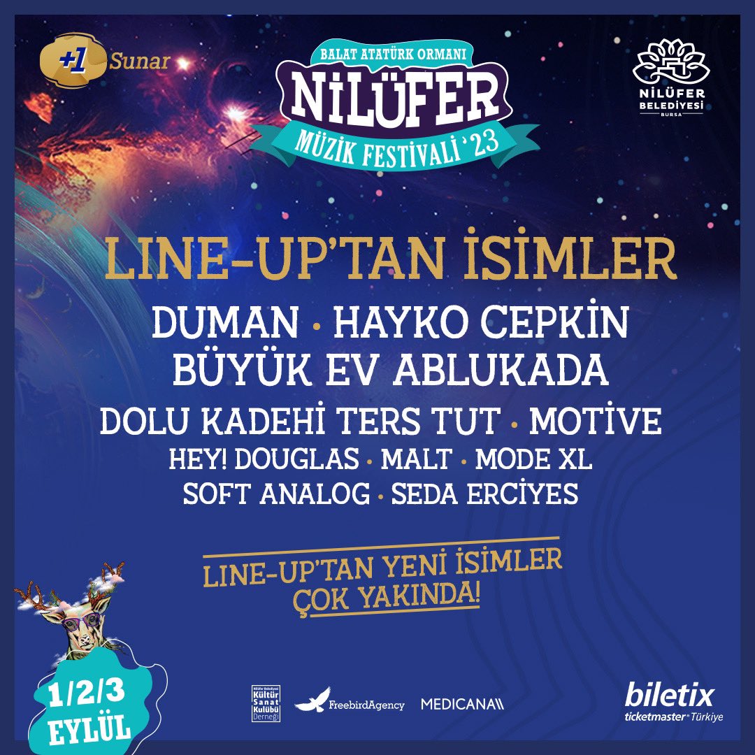 Yılın en çok beklenen haftasonunun programı da netleşiyor. Daha eklenecek performanslar olduğunu unutmayın! 
Biletinizi alın gerisini Geyik’e bırakın. 
Biletler biletix’te!
biletix.com/etkinlik/2K3AE…
#NilüferFest #artibir