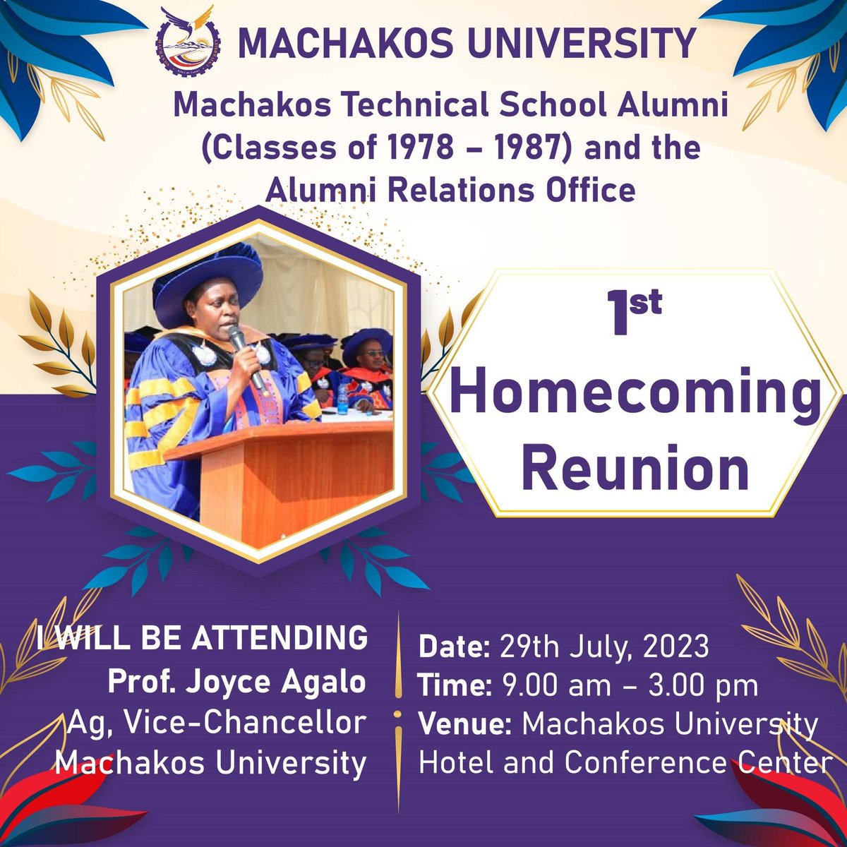 mksu_official's tweet photo. The Former Machakos Technical School Alumni, Classes 1978-1987, will celebrate their 1st alumni reunion homecoming on the 29th of July 2023 at the Machakos University Grounds. 
#RubyJubilee
#ouralumniourpower 
Machakos University Machakos University https://t.co/J4vP1ZNBGV