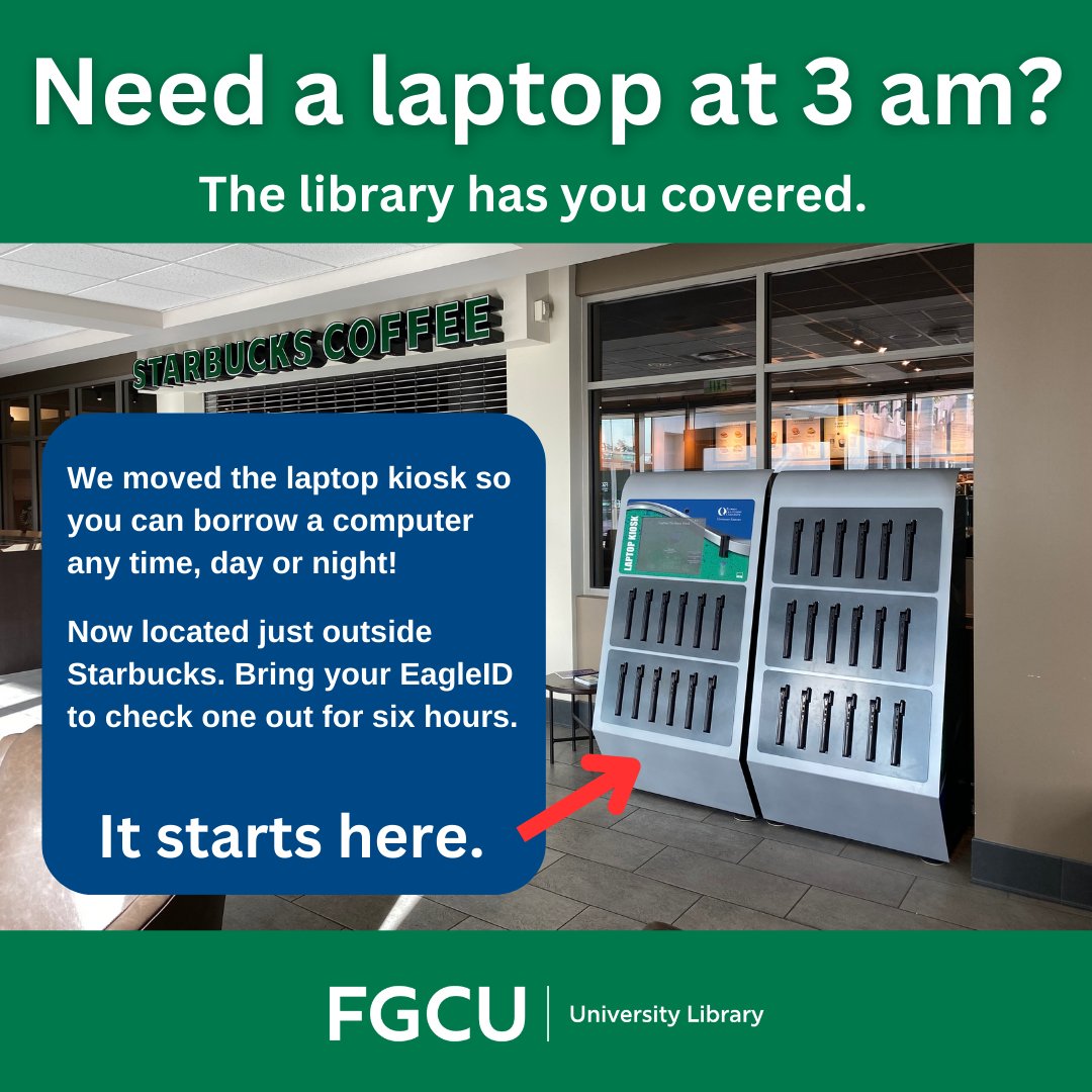 fgculibrary's tweet image. Need a laptop at 3 am? The library has you covered. 
We moved the laptop kiosk so you can borrow a computer any time, day or night! 
Now located just outside Starbucks. Bring your EagleID to check one out for six hours. 
#fgculibrary #fgcu #laptop #computer #borrow
