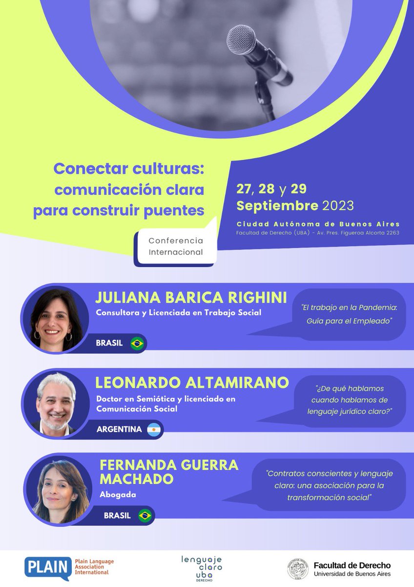🥁Más novedades sobre quiénes expondrán en la 🏛️conferencia #Plain2023 #LenguajeClaro 

Que orgullo la calidad de profesionales que nos acompañarán

🗓️Hoy es el turno de: 
Juliana Barica
Leonardo Altamirano 
Fernanda Guerra 

✍️➕ℹ️ acortar.link/5cH69N