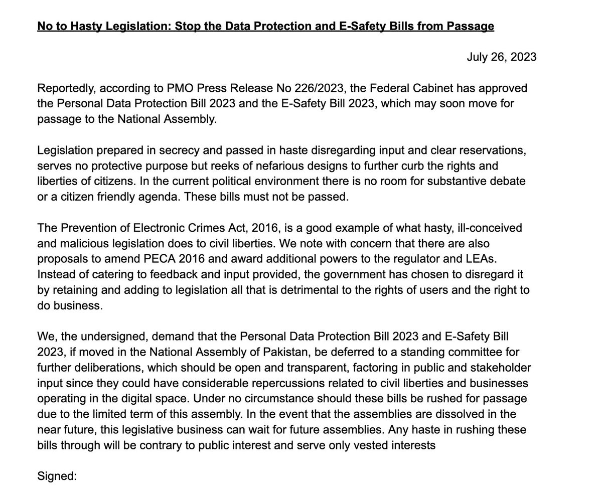 STATEMENT: No to hasty legislation. Stop the passage of the E-safety Bill and the Personal Data Protection Bill 2023 in its current form, without meaningful stakeholder engagement. Stop further risking the economy through bad laws. #NotAnotherPECA. docs.google.com/document/d/1pB…