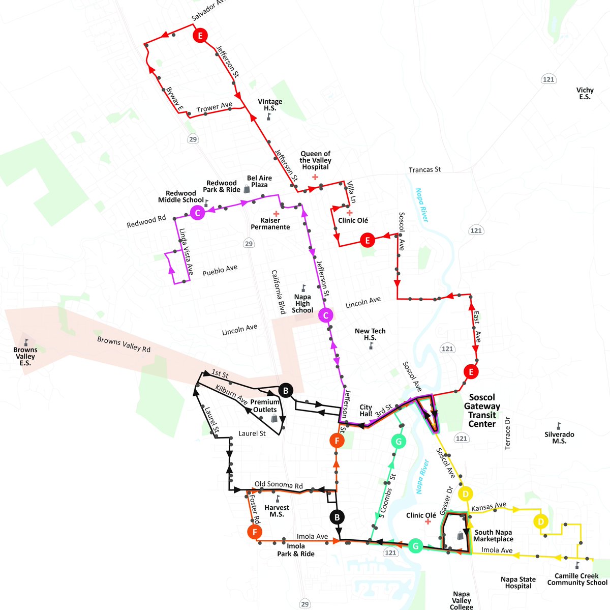 🚌🚌 We've got two new bus routes starting Monday, August 14! We'll be operating local bus routes A – G, in lieu of the existing routes N, S, E, and W. This change includes two new routes with service to north and south Napa, respectively.

Learn more: VineTransit.com.