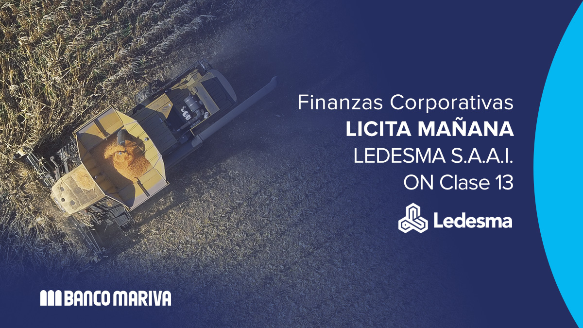 GrupoMariva's tweet photo. Licita Mañana ON LEDESMA S.A.A.I. Clase 13 por un V/N de hasta ARS 3.500.000.000 ampliable por hasta ARS 7.000.000.000.

Difusión: 26/7/23
Licitación: 27/7/23
Liquidación y emisión: 31/7/23 (T+2)
Aviso de suscripción >> https://t.co/SKILkKQRuA

#Licitacion #Ledesma @SomosLedesma https://t.co/BgnReTVrkS