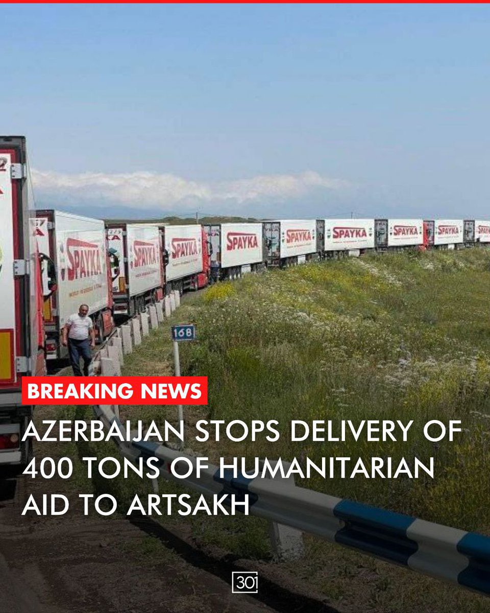 301arm's tweet photo. The dictatorship regime of Azerbaijan refuses to allow the transportation of humanitarian aid through occupied Berdzor corridor.

Russian peacekeepers have been in negotiations with the Azerbaijani side for several hours, while trucks carrying the humanitarian aid remain at the Hakari bridge. Azerbaijan is refusing to allow humanitarian assistance to reach the residents of Artsakh through the Berdzor Corridor, instead demanding the aid go through Akna (Aghdam). In Baku, Azerbaijan claims that an agreement was reached during the meeting in Brussels to use the road through Akna for supplies to Artsakh (Nagorno-Karabakh).

More than 400 tons of humanitarian aid is blocked from reaching 120,000 peaceful civilians of Artsakh who have been blockaded by the terrorist regime for 227 days.

The shipment comprises 60 tons of sugar, 40 tons of oil, 100 tons of flour, 80 tons of pasta, 20 tons of powdered milk, 12 tons of baby food, and 9 tons of medication.

The contents of the aid trucks for the people of Artsakh were verified in the presence of foreign diplomats, with a representative from the Russian Embassy in Armenia, Maxim Seleznev, participating in the inspection.