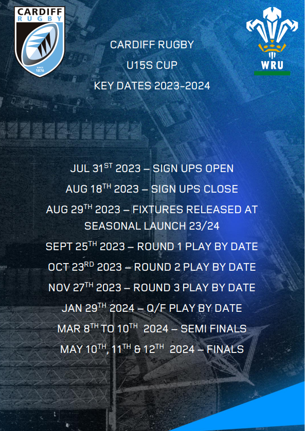 CardiffRugbyCup's tweet photo. Here are your key dates for the @Cardiff_Rugby Defender Cup U12s - U14s as well as the Regional Cups for U15s & U16s for the 23/24 season.

Sign ups will open for the U12s to U15s at 12pm on the 31st July and a link will be emailed to all of last years entries as well as shared on this account for any new team entries from the Cardiff Rugby region.

#SoItBegins #CardiffRugbyCup24