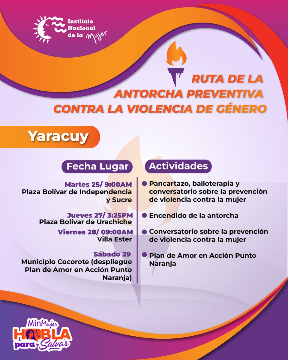 #Lara 📍
En la Semana de Prevención de Violencia de Género, se estará llevando a cabo distintas actividades desde el #25Jul hasta el #30Jul 🗓️

🧡💜 En el marco de la Ruta de la Antorcha Preventiva Contra la Violencia de Género🧡🧡

#Prevención

@NicolasMaduro
@d_guzmanl
