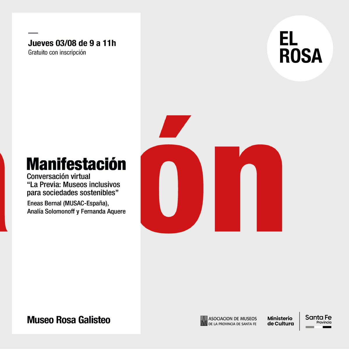 MuseosSantaFe's tweet photo. 🙌 Del 24 al 26/08 :: Manifestación :: Durante tres días El Rosa será punto de encuentro nacional para repensar colectivamente su plan museológico e innovar las prácticas museísticas.
🎟️ Sumate al programa público 
+Info: https://t.co/0oXI9XnKgZ
@CulturadSantaFe https://t.co/T7OtQXt9QP