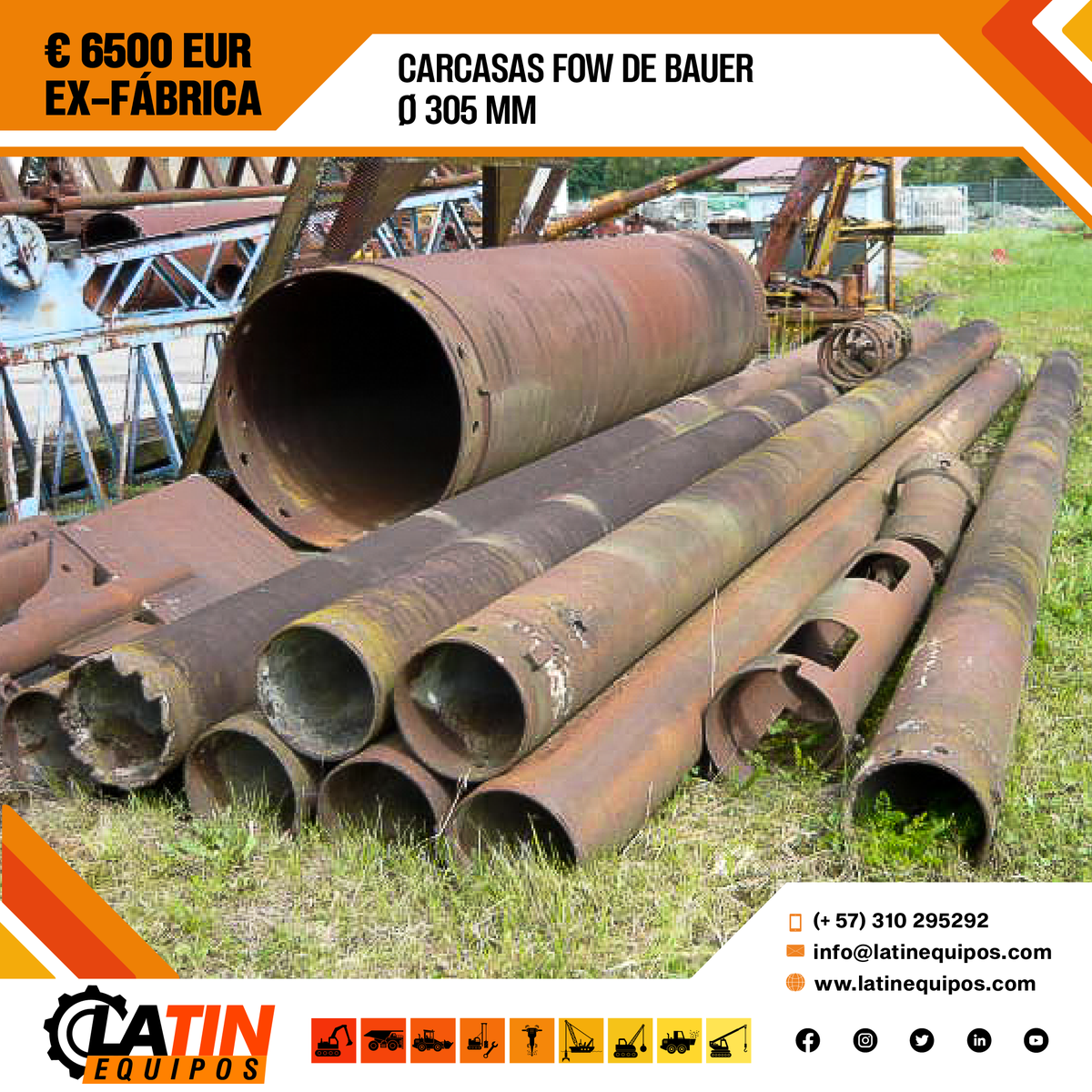 1 lote de carcasas de pared simple para BAUER (Sistema FOW, ap. 70 metros)

#ingeniería #construcción #civil #proyectos #venta #productosdesegunda #latinequipos #herramientas #carcasas #bauer #zapata