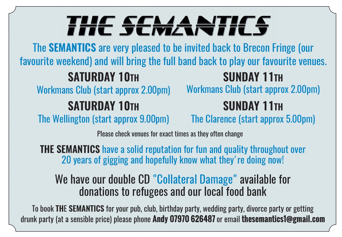 Fringe events going on this coming Festival weekend
All starting Friday 11th to Sunday 13th August across Brecon
<a href="/thesemantics/">samantics?</a> 

#breconfringe
#brecinjazzfestival40
