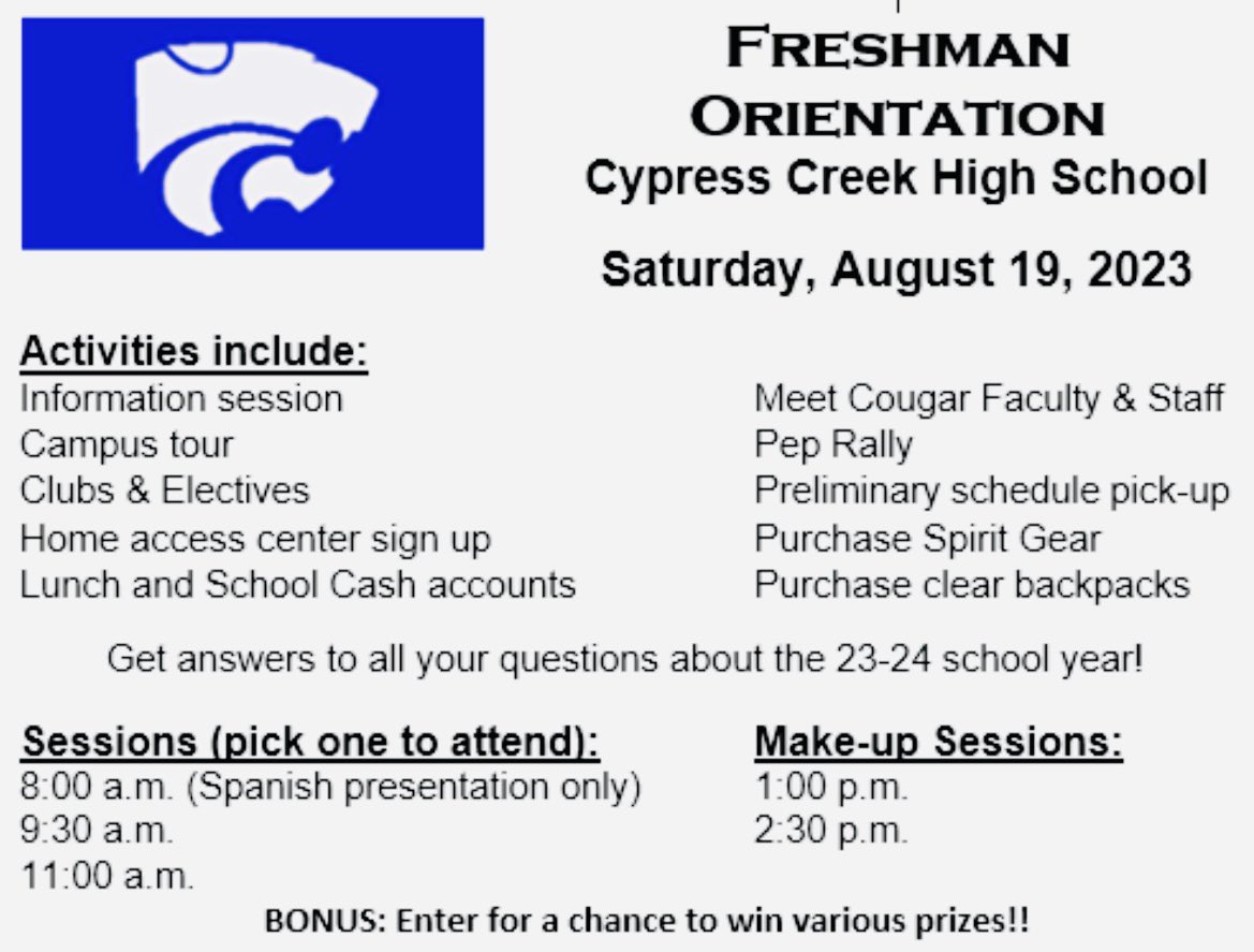 Calling all new Cy Creek Cougars!!  We can’t wait to see you and your parents at Freshman Orientation aka Cougar Camp!!  Please see details below! AHH CC!!
#LightsCameraActionINSPIRE
<a href="/CyFairISD/">Cypress-Fairbanks ISD</a>