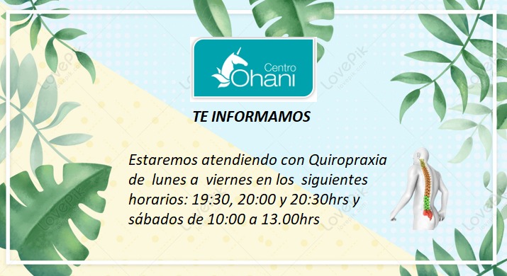 Centro_Ohani's tweet photo. 🌿Nuevo horario de atención de Quiropraxia por el mes de julio y agosto, terapeuta Camilo Sotomayor especialista en brazos,  caderas, columna vertebral, etc. 
Atenderá de lunes a viernes de 19:30 a 20:30 y sábados de 10:00 a 13:00hrs.
Reserva tu hora al 22207 5968,  22208 4148 https://t.co/qsCrCFMyw4