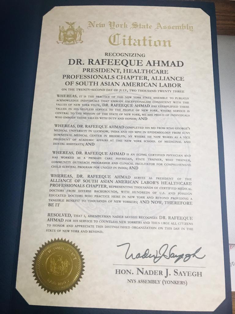 I happy to share my NYS assembly recognition award by Assemblyman Hon. Dr. Nader Sayegh, Assembly District 90