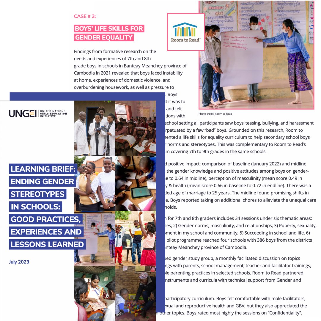 RoomtoRead's tweet photo. The @UNGEI has published the first-ever global learning brief addressing gender stereotypes through schools in historically low-income communities. The brief spotlights Room to Read’s boys’ life skills for gender equality curriculum. Read more on page 20: https://t.co/Wmz4cyADBG https://t.co/iH1QMr5gsA
