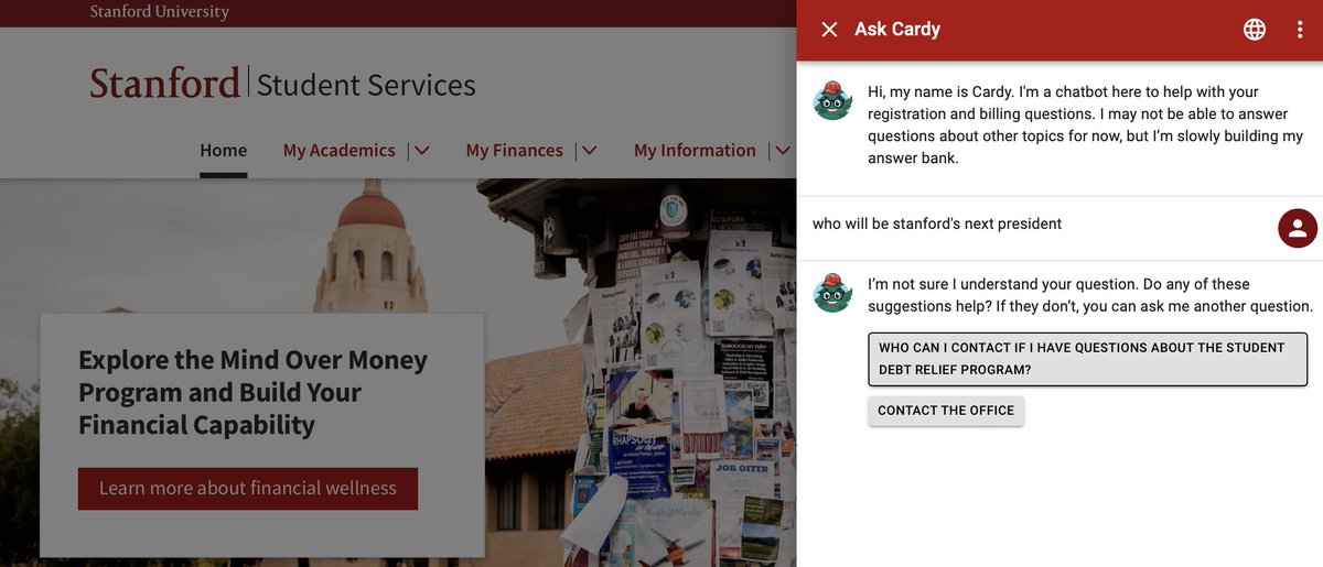 someone needs to build stanford admin a new chatbot at the next AI hackathon 🫠 but props to whoever named the chatbot cardy, that was good
