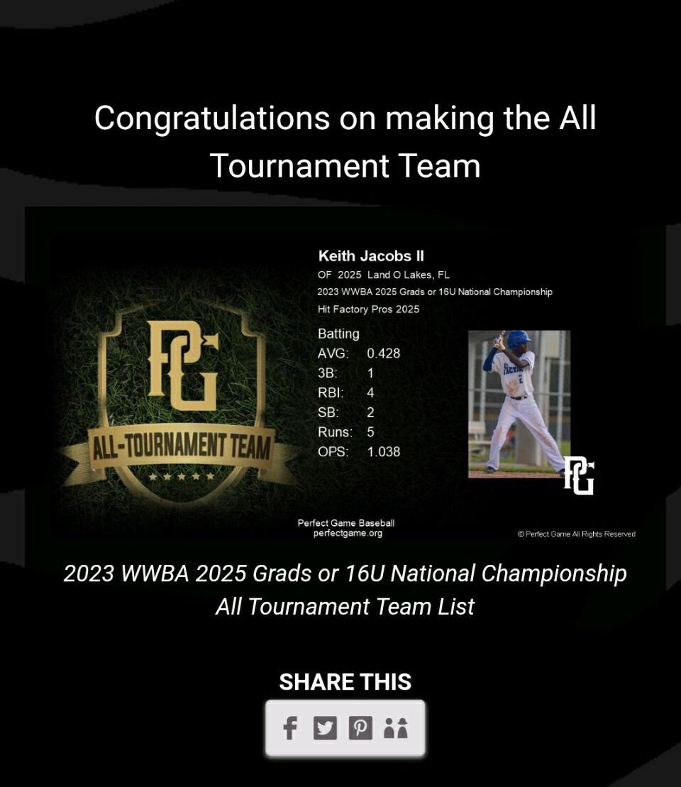 Thank you PG for the All-Tournament Selection at the WWBA 16U National Championship @HitFactoryTampa @bishop_baseball