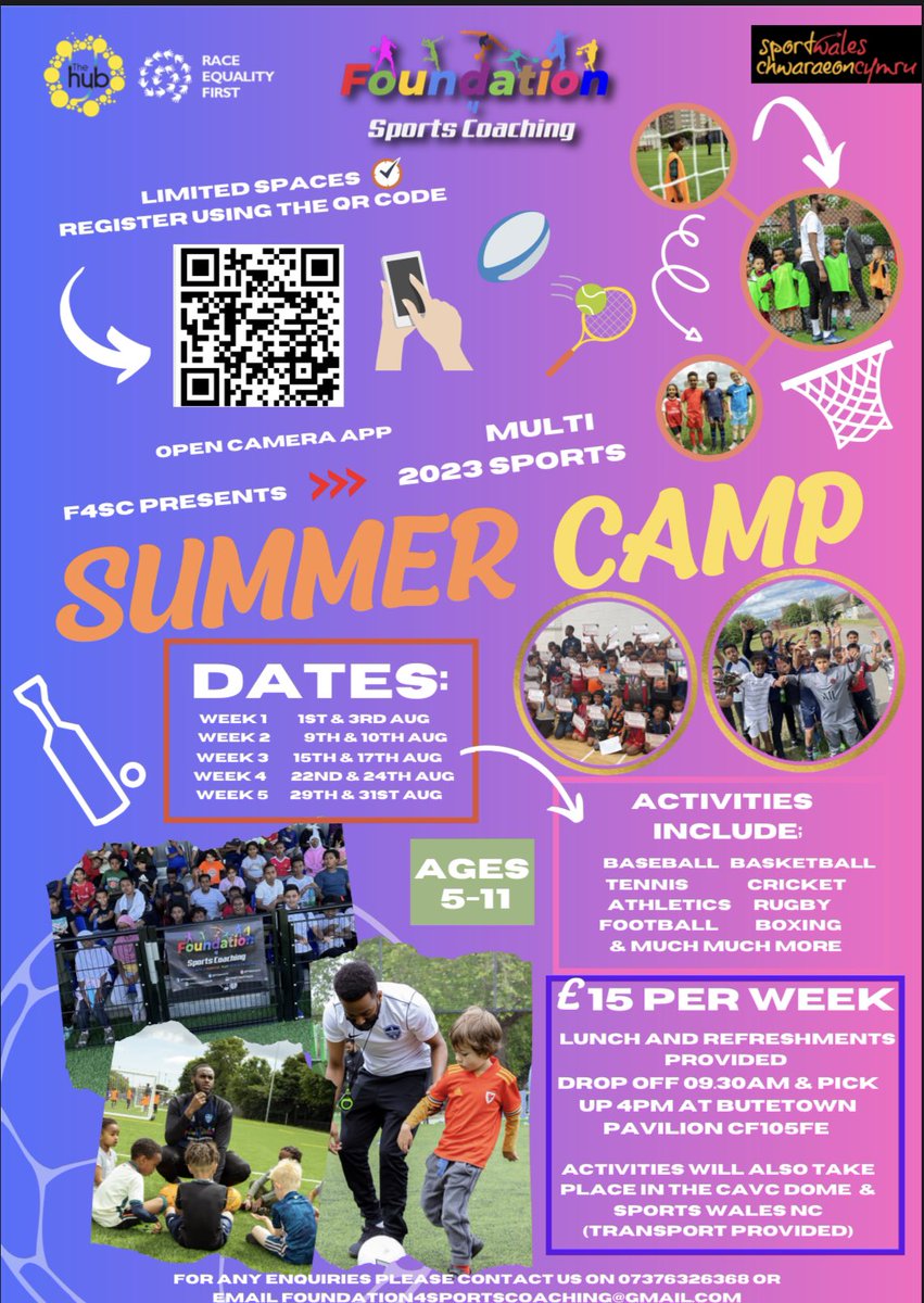 Registration for our multi-sport #SummerCamp2023 is now open 5 weeks of exercise, fun &amp; friends 🤩🙌🏾

Last year was such a success &amp; we’re aiming to do it bigger &amp; better this year having added more activities &amp; venues! 

Ages 5-11 (Primary)

Please see flyer &amp; Share Share Share