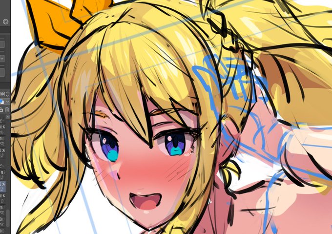 野外、青空(海)が背景予定なので反射光や影色にはもうちょっと強い青色を使ってもいいかも……とカラーラフを進めながら。 