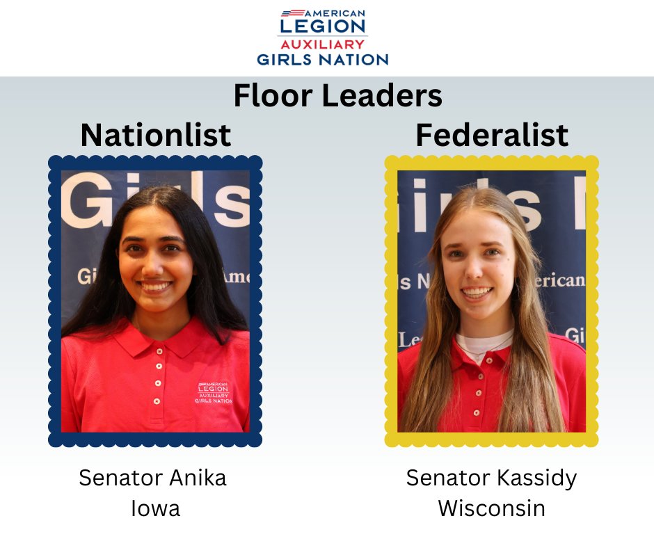 ALAGirlsNation's tweet photo. 2023 #ALAGirlsNation Floor Leaders.
#ALAGirlsNation #ALAGirlsNation2023 #ALAGirlsState
#Leadership #Government #Senate #Senators #MockGovernment #Education #FutureLeaders #WomenLeaders #AmericanLegionAuxiliary https://t.co/8hWgDDEKLt