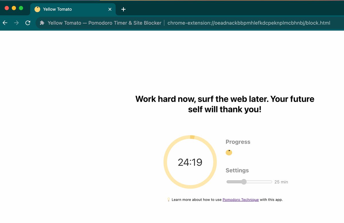 Productive weekend result: a new feature for Yellow Tomato, the Pomodoro Timer from @ProductiveFish. Basically, it allows you to block access to specified distracting sites while the timer is running.

Which site distracts you the most during work? #buildinpublic