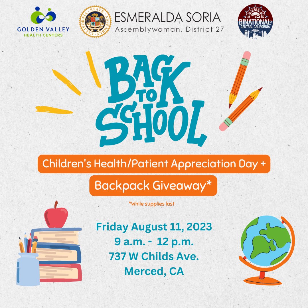 Join me for three free backpack giveaway events in #AD27! Swipe for details on backpack giveaways in Fresno, Madera, and Merced! 🎒 
 
#BacktoSchool #BacktoSchoolSeason #BackpackGiveaway #CaLeg #AD27