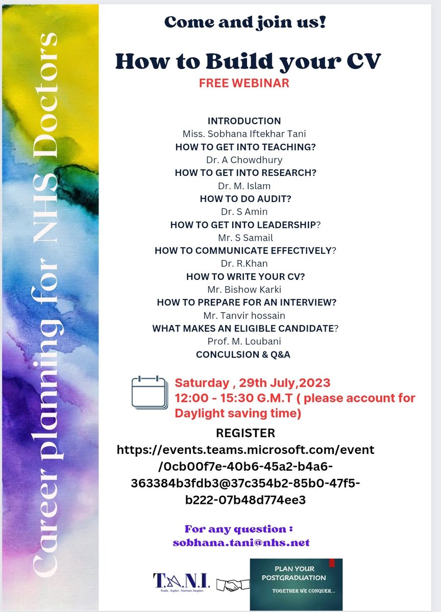 We are so happy to have Prof Loubani  <a href="/MLoubani1966/">Mahmoud Loubani</a> and  Mr.Hossain <a href="/5urgeon/">Tanvir Hossain</a>  &amp; <a href="/BishowBekhyat/">Bishow Bekhyat Karki</a>  as speakers in our first ever career webinar for doctors in  NHS.  Career planning: How to Build your CV
Register  : 
events.teams.microsoft.com/event/0cb00f7e…